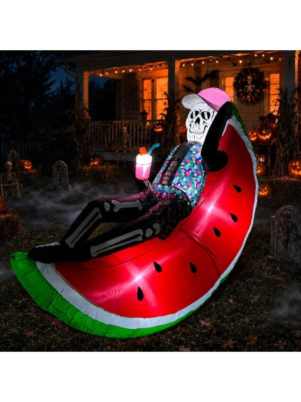 6.9FT Inflatable Skeleton on Watermelon, LED Halloween Yard Decor, Blow Up